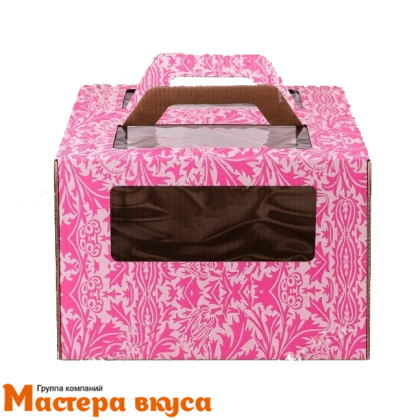 Короб для торта с окном и ручками 280*280*200 мм, розовый с узором, АП