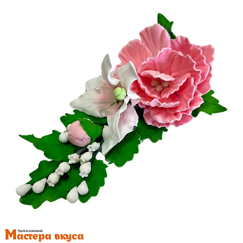 Сахарное украшение букет ПИОН РОЗОВЫЙ С БЕЛОЙ ЛИЛИЕЙ, длина ~20см