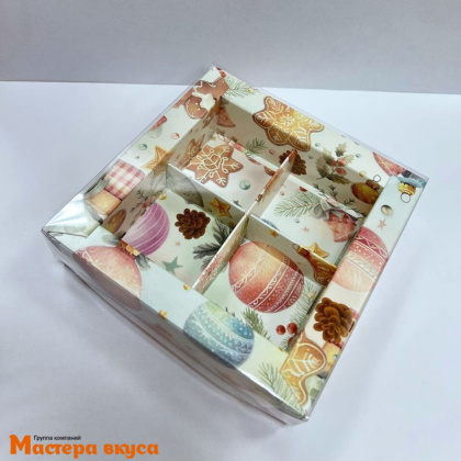 Упаковка для конфет  4 шт с прозрачной крышкой 120*120*30мм (Елочные игрушки) (5-д)