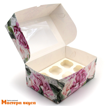 Коробка для  6 капкейков с окном, 250*170*100 мм (Букет, пионы)