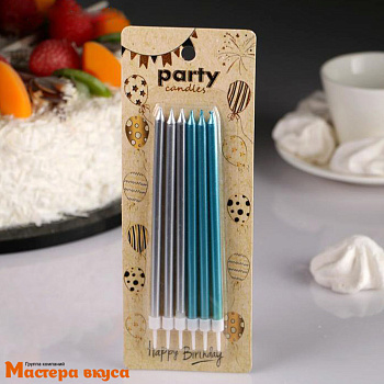 Свечи высокие СЕРЕБРО+ГОЛУБЫЕ, (набор 6 шт), h-13см