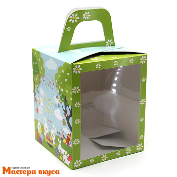 Коробка под кулич и пряничный домик с окном и ручкой, 15*15*18 см (Пасхальные кролики)