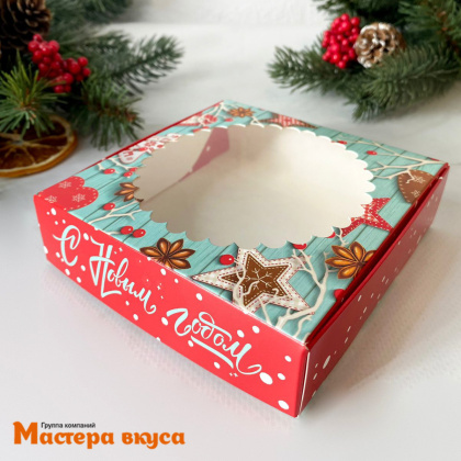 Упаковка для пряников и печенья с окном 11,5*11,5*3 см  (Новогодние чудеса)