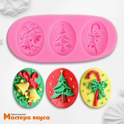 Молд силиконовый НОВОГОДНИЙ (3в1 колокольчик, елка, трость), ~10,5*4,5 см