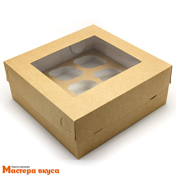 Коробка для  9 капкейков с окном, 250*250*100 мм крышка/дно  (крафт)