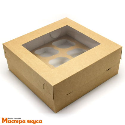 Коробка для  9 капкейков с окном, 250*250*100 мм крышка/дно  (крафт)