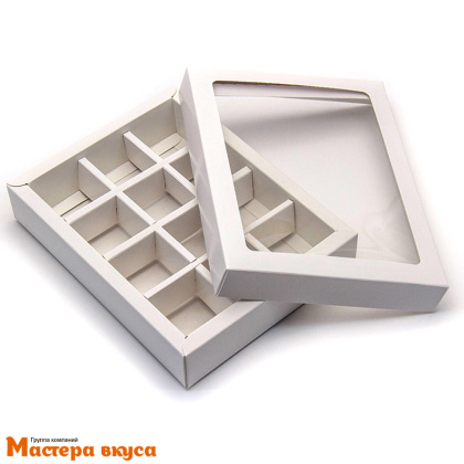 Упаковка для конфет 12 шт с окном (крышка/дно) 190*150*36мм (белая)