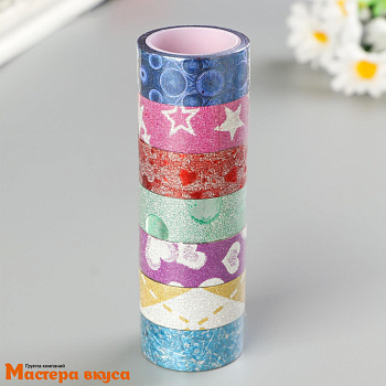 Клейкая лента декоративная (скотч) 1,5см*3м МИКС УЗОРЫ полимерная с блестками