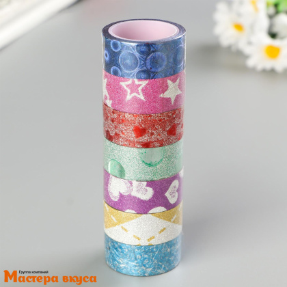Клейкая лента декоративная (скотч) 1,5см*3м МИКС УЗОРЫ полимерная с блестками