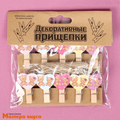 Декор прищепки "Сердечки, Мишки", (набор 10 шт), 2,5*12,5*13,5 см
