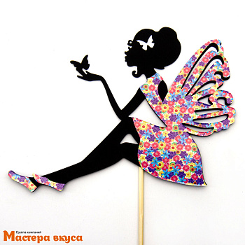 Топпер пластиковый ДЕВУШКА НА ТОРТЕ с крыльями, черный силуэт, блес цветы 