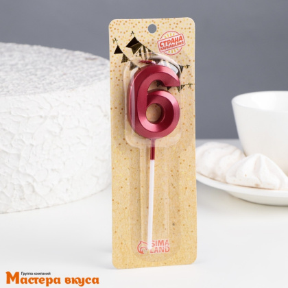 Свеча-цифра "Грань", красный металлик, на шпажке - 6  (h-6 см)