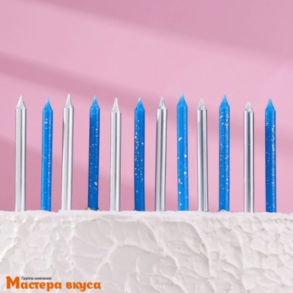 Свечи набор, Спарк Синий и серебрянный металлик, (набор 12 шт), h-7 см