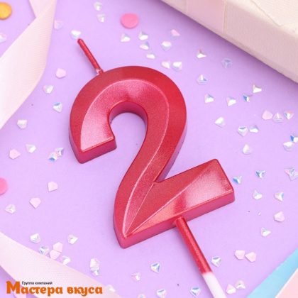 Свеча-цифра "Грань", красный металлик, на шпажке - 2  (h-6 см)