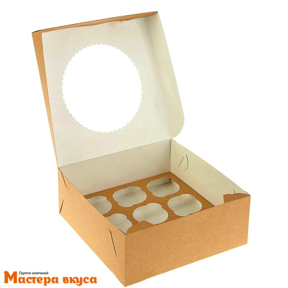 Коробка для  9 капкейков с окном, 250*250*100 мм (крафт), OSQ MUF