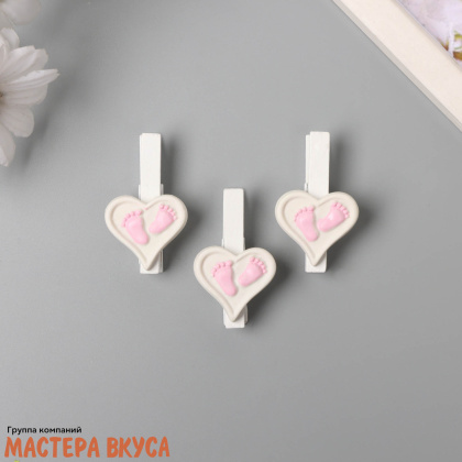 Декор прищепки, Следы младенца, девочка (набор 3 шт), 1,7*3*5 см