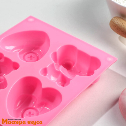 Форма силиконовая МИШКА И СЕРДЦЕ, (4 ячейки) 17*15 см