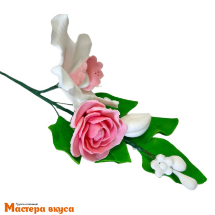 Сахарное украшение ветка ОРХИДЕЯ С РОЗОВОЙ РОЗОЙ, длина ~11см