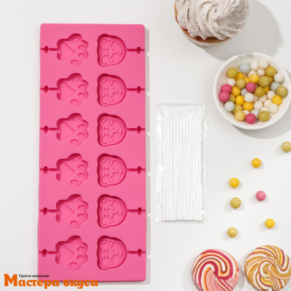 Форма для леденцов силиконовая МИШКА И ЛАПКА, (12 ячеек) 25*10,5*1см