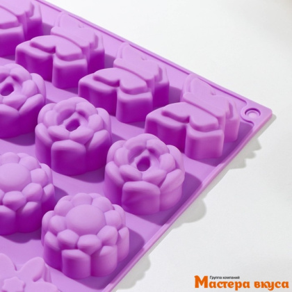 Форма для шоколада силиконовая СЕРДЦЕ, БАБОЧКА, ЦВЕТОК, (20 фигур) 29,8*19,7*2 см, d4,3см