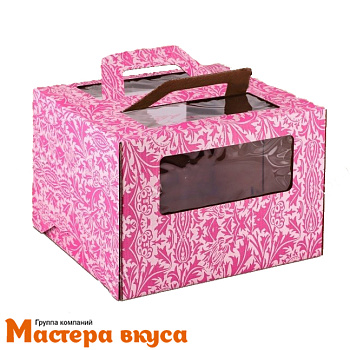 Короб для торта с окном и ручками 280*280*200 мм, розовый с узором, АП