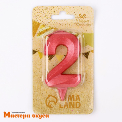 Свеча-цифра "Грань", красный металлик - 2, (h-6,5см)