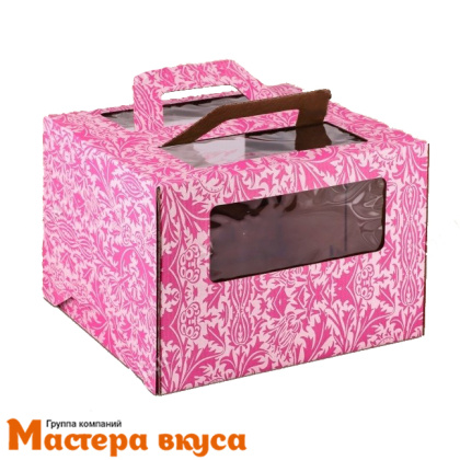 Короб для торта с окном и ручками 280*280*200 мм, розовый с узором, АП