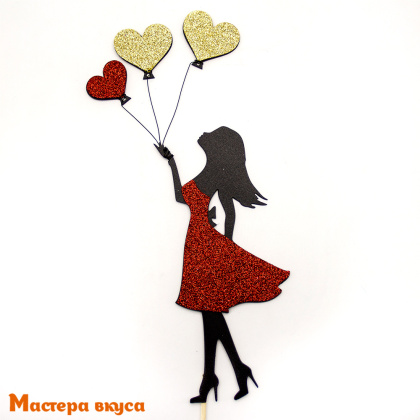 Топпер пластиковый ДЕВУШКА с сердечками, черный силуэт с блеском, 18*9,7 см