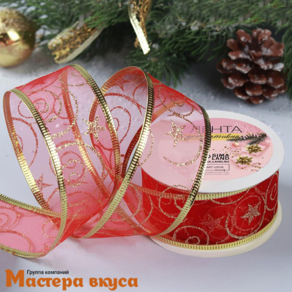 Лента капроновая армированная метал.нитью, ЗОЛОТЫЕ ВЕНЗЕЛЯ на красном, 38мм, ~2,7м