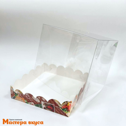 Коробка под бенто-торт и пряничн. домик ПРЕМИУМ с прозр.крышкой,150*150*140 мм (Новогодние открытки)