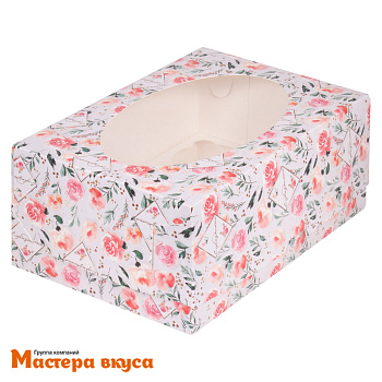 Коробка для  6 капкейков с окном, 235*160*100 мм (С праздником/розы) (2-д)