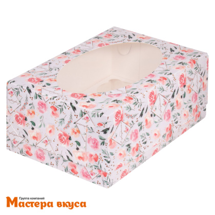 Коробка для  6 капкейков с окном, 235*160*100 мм (С праздником/розы) (2-д)