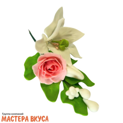 Сахарное украшение ветка ЛИЛИЯ БЕЛАЯ С РОЗОВОЙ РОЗОЙ, длина ~10см