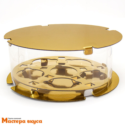 Коробка для  6 капкейков  ТУБУС, золотая d-240 мм, h-100 мм, с прозрачной пленкой и ложементом (5-д)