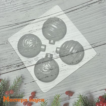 Форма для шоколада пластиковая (НГ) НОВОГОДНИЕ ШАРЫ (завитки, полосы) D-5 см (4 фигуры) 
