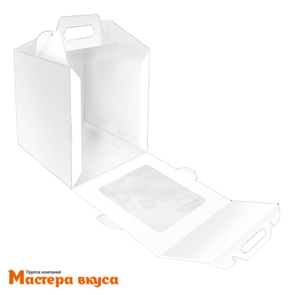 Коробка под кулич и пряничный домик с окном и ручкой, 15*15*18 см (белый), фронтальная загрузка