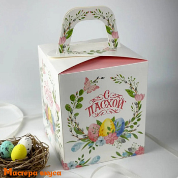 Коробка под кулич и пряничный домик без окна с ручкой 15*15*18 см (Пасхальный венок)