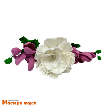 Сахарное украшение букет ПИОН БЕЛЫЙ С РОЗОВОЙ ФРЕЗИЕЙ, длина ~20см