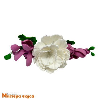 Сахарное украшение букет ПИОН БЕЛЫЙ С РОЗОВОЙ ФРЕЗИЕЙ, длина ~20см