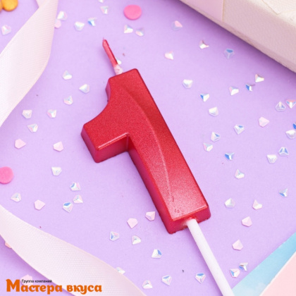 Свеча-цифра "Грань", красный металлик, на шпажке - 1  (h-6 см)
