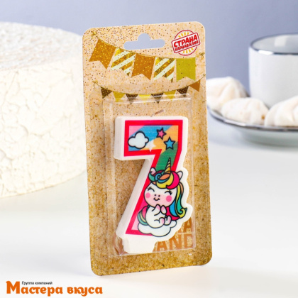 Свеча-цифра  ЕДИНОРОГ розовая - 7  (h-6,5 см)
