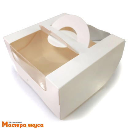 Упаковка для бенто-торта с окном и ручками, 140*140*80 мм (белая)