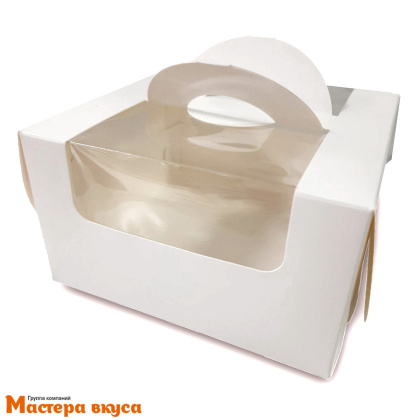 Упаковка для бенто-торта с окном и ручками, 140*140*80 мм (белая)