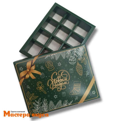 Упаковка для конфет 12 шт без окна (крышка/дно) 190*150*36мм  (Изумрудный Новый год)