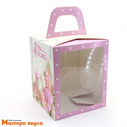 Коробка под кулич и пряничный домик с окном и ручкой, 15*15*18 см (Пасха розовая)