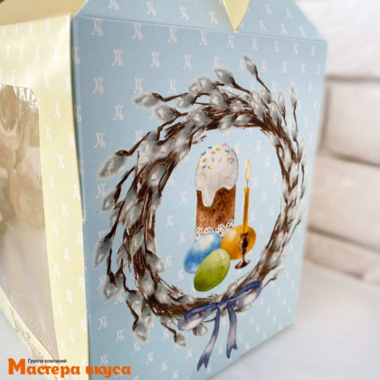 Коробка под кулич и пряничный домик с окном и ручкой, 15*15*18 см (Верба), фронтальная загрузка 