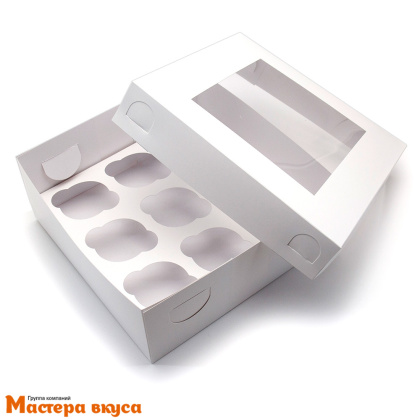 Коробка для  9 капкейков с окном, 250*250*100 мм крышка/дно  (белая)