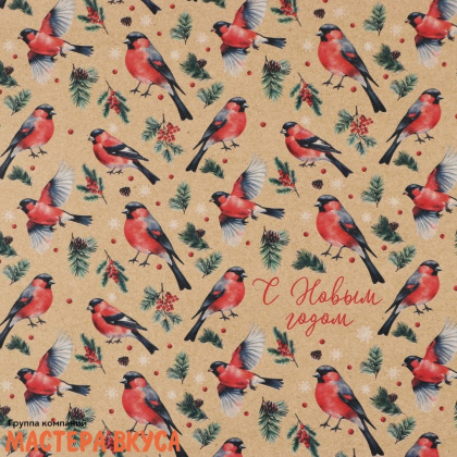 Бумага упаковочная   "Снегири" (крафт), 50*70 см
