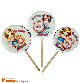 Топпер имбирный пряник "8 марта Девочка с пончиком", d~8 см, 23-25 гр 