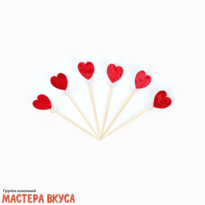 Шпажки "Сердечки красные с жемчужиной", дерево,  (набор 6 шт)